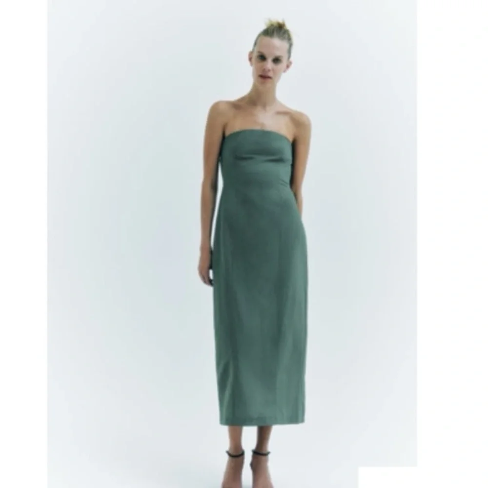 Zara green tube strapless midi linen blend dress